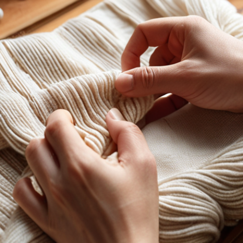 Home 15 **
Close-up of hands delicately handling different fabric samples (cotton, wool, silk, maybe even a modern tech textile) in a bright, well-lit atelier setting. Focus on texture and feel. Warm, inviting tones.
**