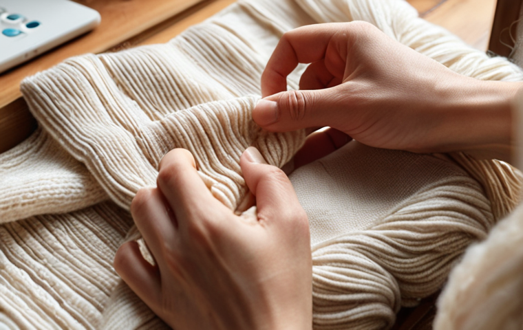 **
Close-up of hands delicately handling different fabric samples (cotton, wool, silk, maybe even a modern tech textile) in a bright, well-lit atelier setting. Focus on texture and feel. Warm, inviting tones.
**