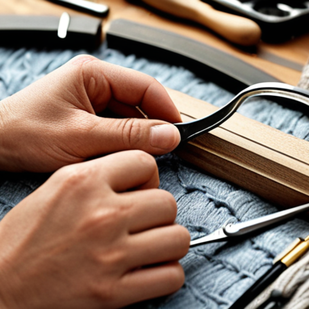 **

A close-up shot of hands expertly manipulating various fabric samples, identifying fiber types (cotton, linen, wool, polyester). Focus on texture and detail. Include tools like magnifying glass, tweezers. The background should feature a well-organized textile workshop setting.
**Style:** Realistic, high-resolution photography.

**