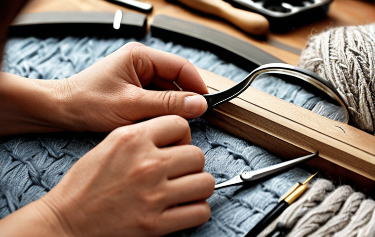 **
A close-up shot of hands expertly manipulating various fabric samples, identifying fiber types (cotton, linen, wool, polyester). Focus on texture and detail. Include tools like magnifying glass, tweezers. The background should feature a well-organized textile workshop setting.
**Style:** Realistic, high-resolution photography.
**