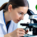 **Prompt:** A textile technician in a modern, bright laboratory, examining a sample of sustainable fabric under a microscope. The scene emphasizes innovation and eco-consciousness with plants visible in the background.