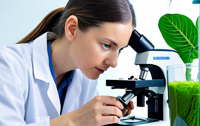 **Prompt:** A textile technician in a modern, bright laboratory, examining a sample of sustainable fabric under a microscope. The scene emphasizes innovation and eco-consciousness with plants visible in the background.