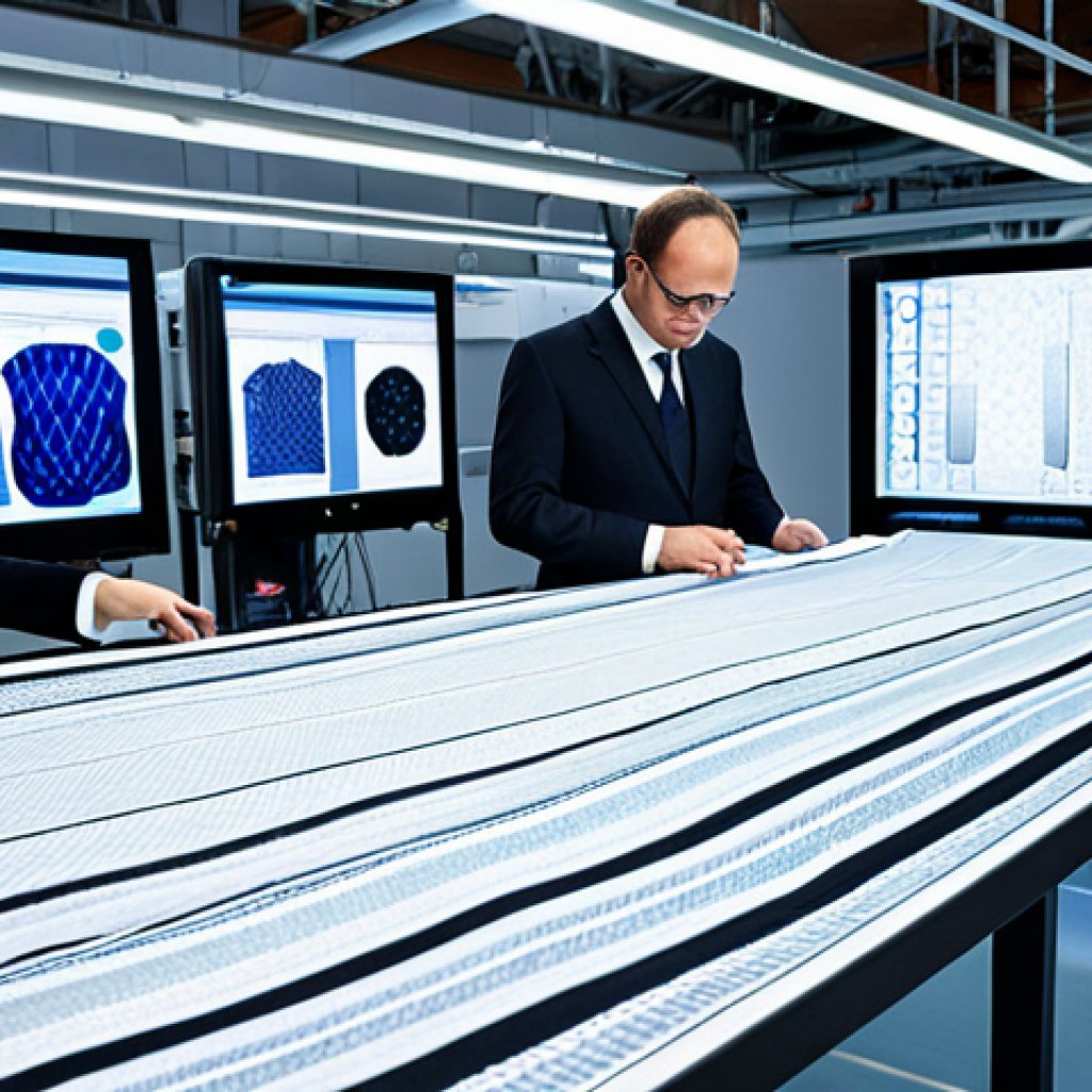 **Prompt 1: Broadening Horizons Through Textile Innovation**
    A dynamic, high-tech textile engineering research and development lab. A diverse team of engineers (male and female) are collaborating, with one focused on examining a piece of smart fabric that subtly integrates glowing digital patterns or sensors, suggesting advanced functionalities. In the background, sleek machinery and screens display complex data and futuristic garment designs (e.g., luxury sportswear, medical textiles). The atmosphere is collaborative, innovative, and forward-thinking, emphasizing the expanded career possibilities and strategic roles in a technologically advanced textile industry.