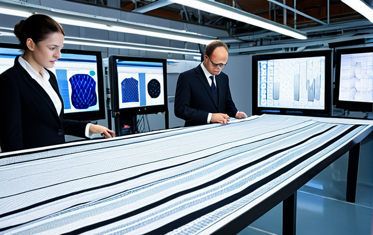 **Prompt 1: Broadening Horizons Through Textile Innovation**
    A dynamic, high-tech textile engineering research and development lab. A diverse team of engineers (male and female) are collaborating, with one focused on examining a piece of smart fabric that subtly integrates glowing digital patterns or sensors, suggesting advanced functionalities. In the background, sleek machinery and screens display complex data and futuristic garment designs (e.g., luxury sportswear, medical textiles). The atmosphere is collaborative, innovative, and forward-thinking, emphasizing the expanded career possibilities and strategic roles in a technologically advanced textile industry.