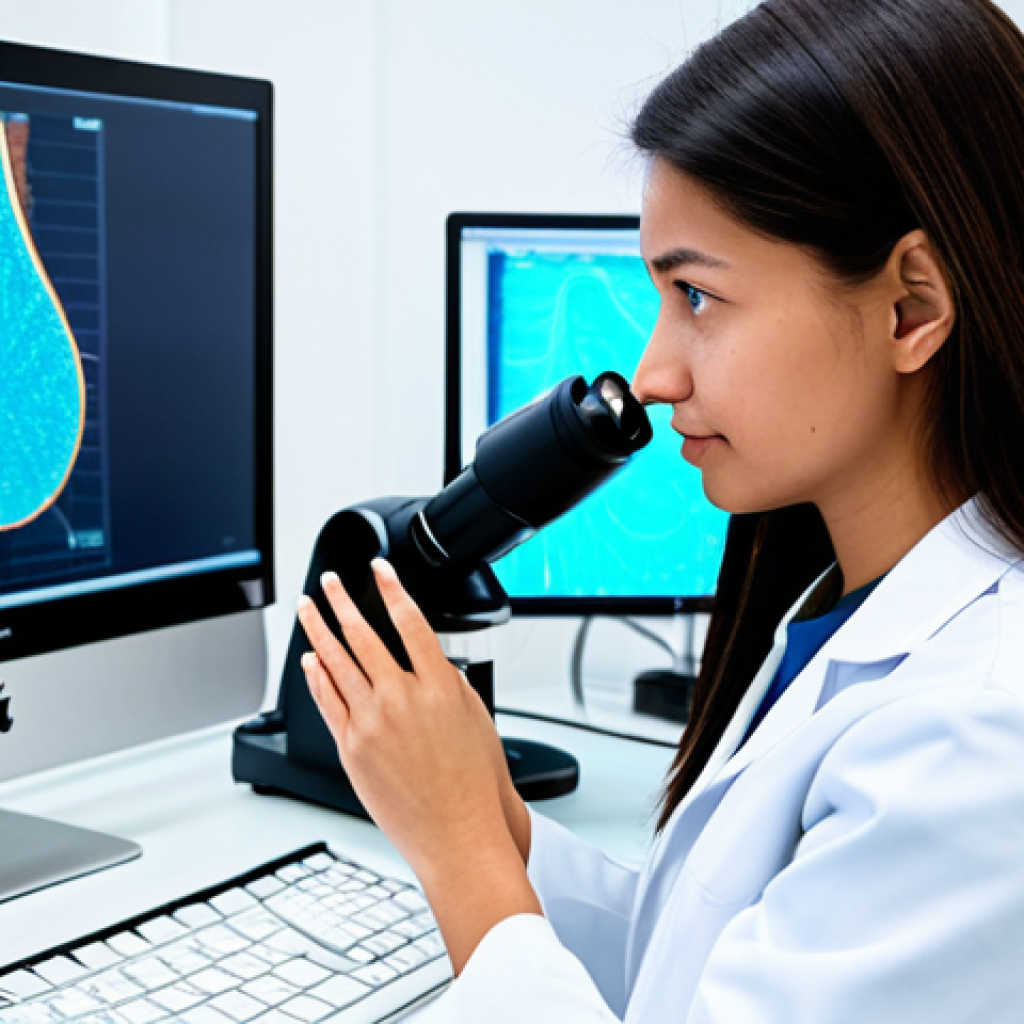 A professional female textile engineer in a modest lab coat over appropriate business casual attire, working in a state-of-the-art research and development laboratory. She is observing a piece of advanced smart textile, possibly containing integrated sensors or glowing fibers, under a high-magnification digital microscope. The background shows sleek, modern lab equipment, large display screens with complex data visualizations, and various high-tech textile samples. The overall atmosphere is clean, innovative, and focused on future technology. Professional photography, perfect anatomy, correct proportions, natural pose, well-formed hands, proper finger count, high quality, safe for work, appropriate content, fully clothed, professional dress, family-friendly.