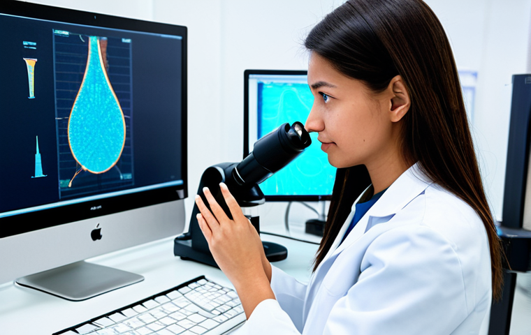 A professional female textile engineer in a modest lab coat over appropriate business casual attire, working in a state-of-the-art research and development laboratory. She is observing a piece of advanced smart textile, possibly containing integrated sensors or glowing fibers, under a high-magnification digital microscope. The background shows sleek, modern lab equipment, large display screens with complex data visualizations, and various high-tech textile samples. The overall atmosphere is clean, innovative, and focused on future technology. Professional photography, perfect anatomy, correct proportions, natural pose, well-formed hands, proper finger count, high quality, safe for work, appropriate content, fully clothed, professional dress, family-friendly.