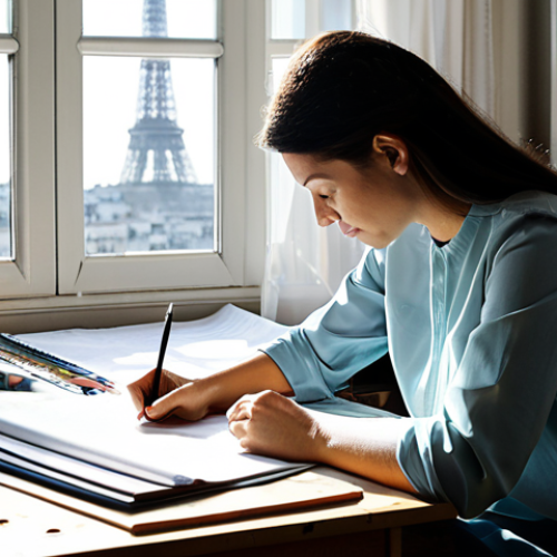 Home 30 **
"A brightly lit textile design studio in Paris, France. A female designer, fully clothed in a stylish, modest outfit, is sketching fabric patterns at a large desk. Various fabric swatches and design tools are scattered around. Sunlight streams in through a large window. safe for work, appropriate content, fully clothed, professional, perfect anatomy, natural proportions, high quality, well-formed hands, proper finger count."
**