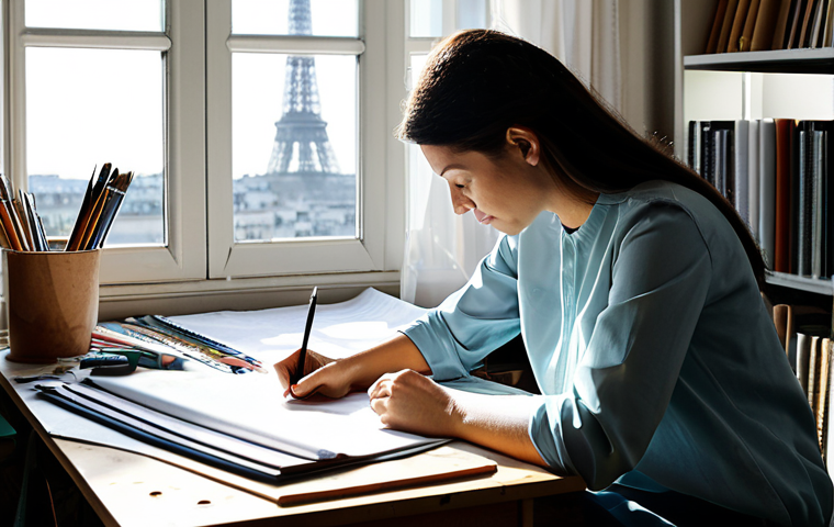 **

"A brightly lit textile design studio in Paris, France. A female designer, fully clothed in a stylish, modest outfit, is sketching fabric patterns at a large desk. Various fabric swatches and design tools are scattered around. Sunlight streams in through a large window. safe for work, appropriate content, fully clothed, professional, perfect anatomy, natural proportions, high quality, well-formed hands, proper finger count."

**