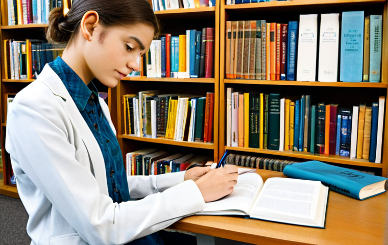 **

A focused student in a well-lit library, surrounded by textbooks and fabric swatches, fully clothed in appropriate study attire. They are taking notes on a colorful diagram illustrating weaving techniques. Background includes bookshelves filled with textile-related books.  Professional environment, safe for work, perfect anatomy, correct proportions, natural pose, well-formed hands, proper finger count, natural body proportions, high quality, appropriate content, modest clothing.

**