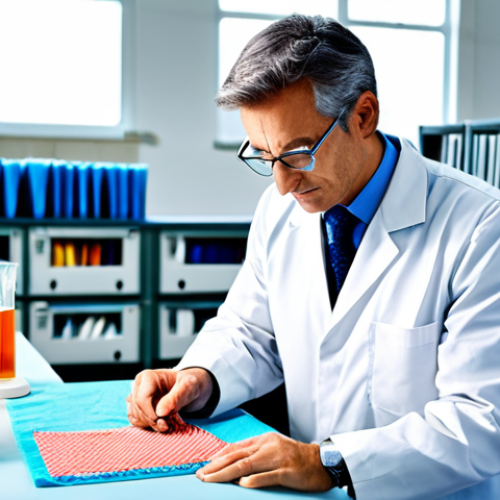 Home 27 **Prompt:** A textile expert in a brightly lit laboratory, examining a sample of sustainable fabric made from recycled materials, fully clothed in professional attire, safe for work, perfect anatomy, correct proportions, science lab background, high quality, professional, appropriate content, family-friendly.