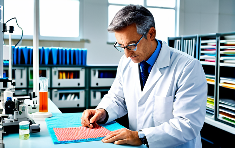**Prompt:** A textile expert in a brightly lit laboratory, examining a sample of sustainable fabric made from recycled materials, fully clothed in professional attire, safe for work, perfect anatomy, correct proportions, science lab background, high quality, professional, appropriate content, family-friendly.