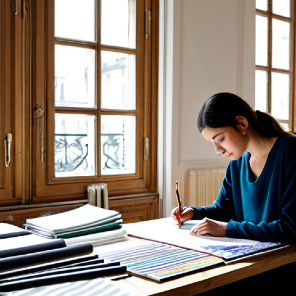 Modern Textile Design Studio**

"A bright and airy textile design studio in Paris, France. A young woman, fully clothed in stylish, modest clothing, is sketching designs at a large table covered in fabric swatches and design tools. Sunlight streams through large windows. Safe for work, appropriate content, professional setting, perfect anatomy, natural proportions, high quality."

**