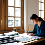 Modern Textile Design Studio**

"A bright and airy textile design studio in Paris, France. A young woman, fully clothed in stylish, modest clothing, is sketching designs at a large table covered in fabric swatches and design tools. Sunlight streams through large windows. Safe for work, appropriate content, professional setting, perfect anatomy, natural proportions, high quality."

**