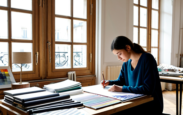Modern Textile Design Studio**

"A bright and airy textile design studio in Paris, France. A young woman, fully clothed in stylish, modest clothing, is sketching designs at a large table covered in fabric swatches and design tools. Sunlight streams through large windows. Safe for work, appropriate content, professional setting, perfect anatomy, natural proportions, high quality."

**