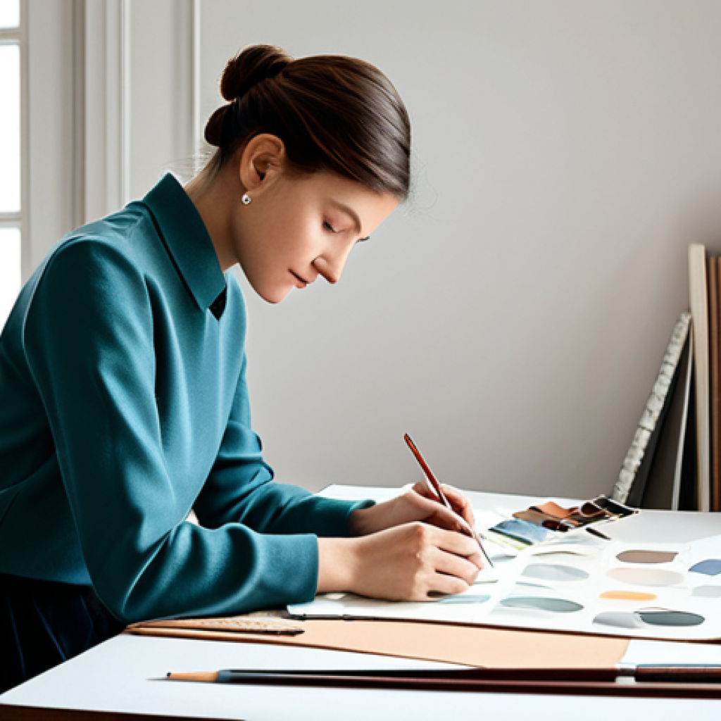 **

"A Parisian textile designer, fully clothed in a chic, modest outfit suitable for a fashion studio, examining fabric swatches under soft natural light. The studio background includes design sketches and a mood board with French color palettes. Professional quality, perfect anatomy, natural proportions, safe for work, appropriate content, family-friendly."

**