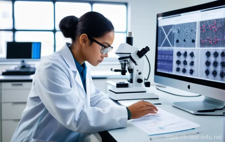 섬유기사 필기시험의 중요성 - A focused shot of a brilliant, ethnically ambiguous young textile engineer, wearing a clean, modern ...