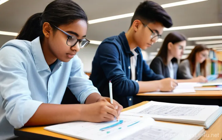 섬유기사 필기시험의 고득점 전략 - "A diverse group of university students, aged 20-24, engaged in diligent study for a textile enginee...