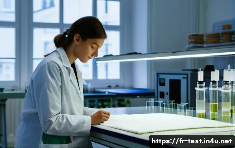 섬유기사 실기시험의 준비 사례 - **Prompt 1: Sustainable Textile Innovation in a French Laboratory**
    "A modern, bright, and impec...