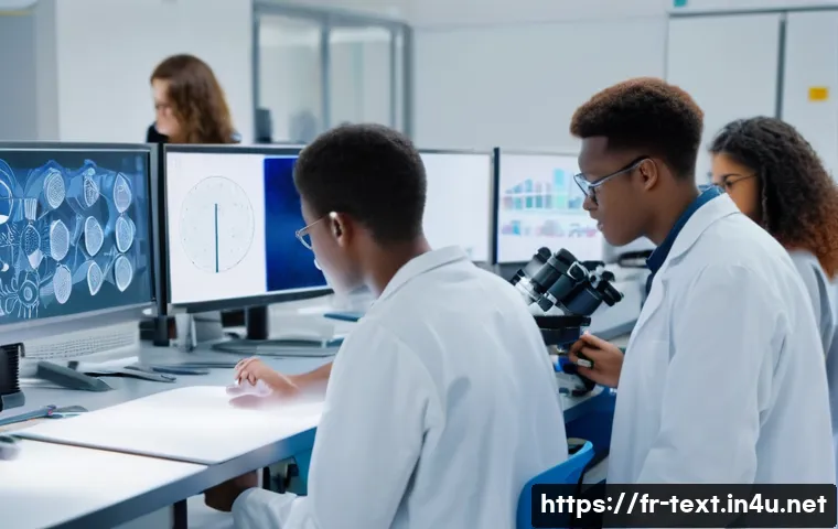 섬유기사 자격증 취득의 장단점 - **Prompt:** A group of diverse young textile engineering students in a brightly lit, modern laborato...