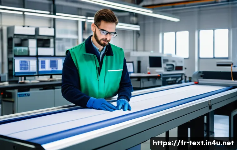 섬유기사 자격증 수요 전망 - A modern textile technician in a bright, high-tech factory environment, operating advanced computer-...