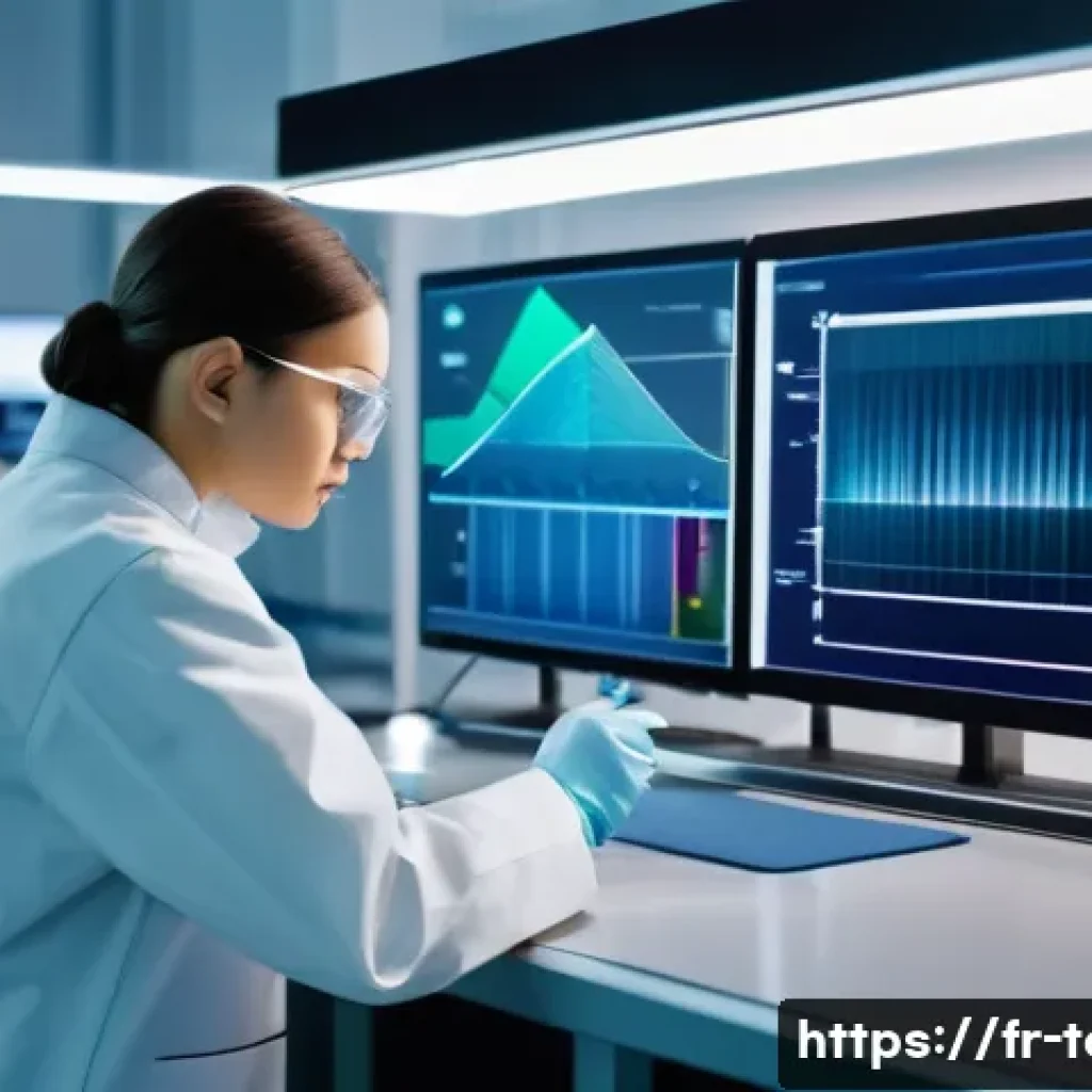 섬유기사와 직업적 성장 가능성 - A futuristic textile laboratory scene showcasing a skilled textile technician analyzing smart fibers...