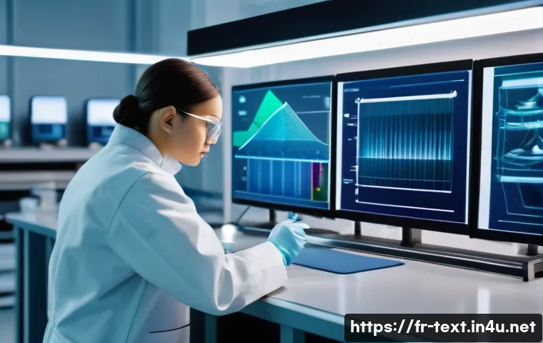 섬유기사와 직업적 성장 가능성 - A futuristic textile laboratory scene showcasing a skilled textile technician analyzing smart fibers...