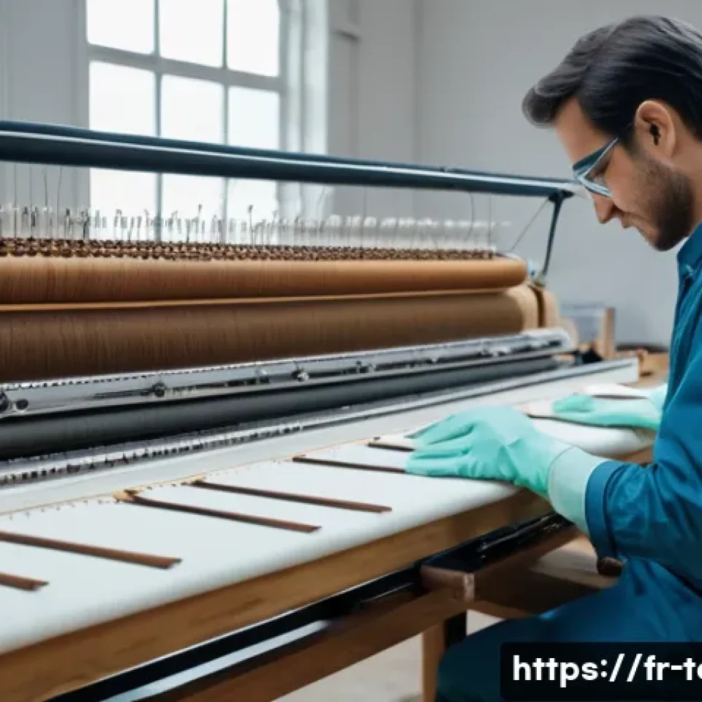 섬유기사 실기시험 대비 체크리스트 - A highly detailed scene inside a modern textile workshop in France, showing a skilled technician ope...