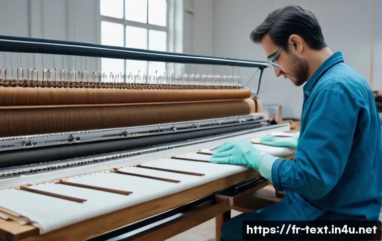 섬유기사 실기시험 대비 체크리스트 - A highly detailed scene inside a modern textile workshop in France, showing a skilled technician ope...