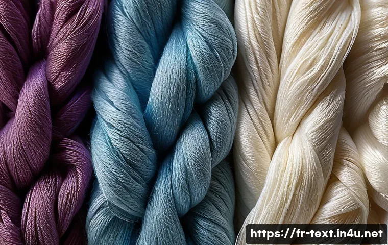 섬유기사 필기시험 빈출 주제 - A detailed close-up image of natural textile fibers arranged side by side: soft cotton fibers with a...