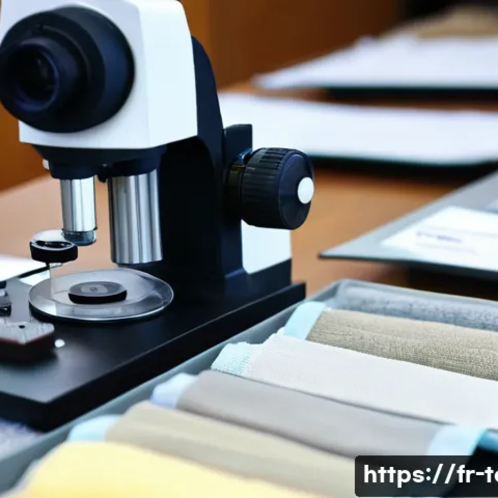섬유기사 시험 준비의 중요한 포인트 - A detailed close-up of various textile fiber samples laid out on a wooden table, including natural f...