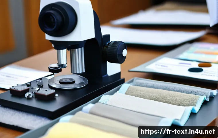 섬유기사 시험 준비의 중요한 포인트 - A detailed close-up of various textile fiber samples laid out on a wooden table, including natural f...