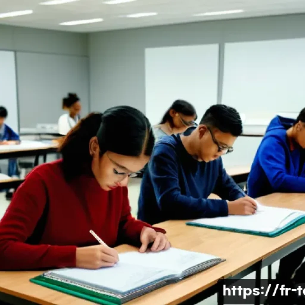 섬유기사 필기시험과 실기시험의 차이점 - A focused classroom scene showing a diverse group of adult students attentively taking a theoretical...