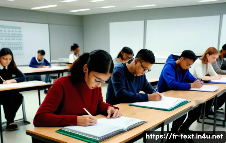 섬유기사 필기시험과 실기시험의 차이점 - A focused classroom scene showing a diverse group of adult students attentively taking a theoretical...