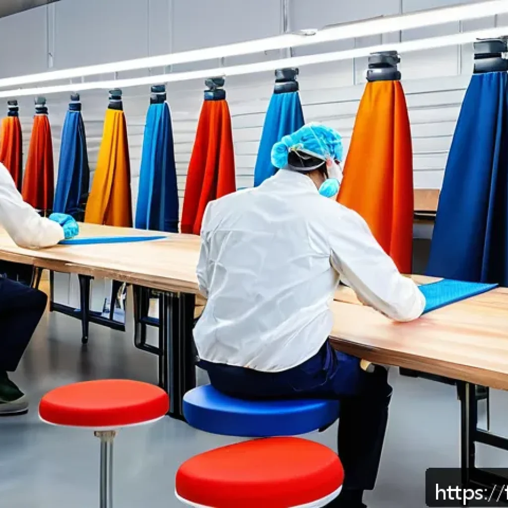 섬유기사와 작업환경 관리 - A modern textile workshop featuring ergonomic workstations: adjustable height tables and chairs with...