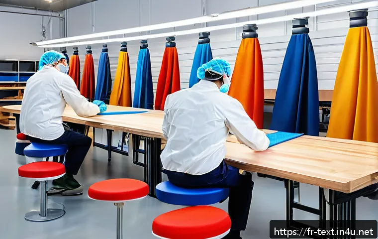 섬유기사와 작업환경 관리 - A modern textile workshop featuring ergonomic workstations: adjustable height tables and chairs with...