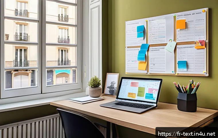 섬유기사 필기시험의 준비 전략 - A modern study room in a French urban apartment, featuring a young adult studying efficiently with a...