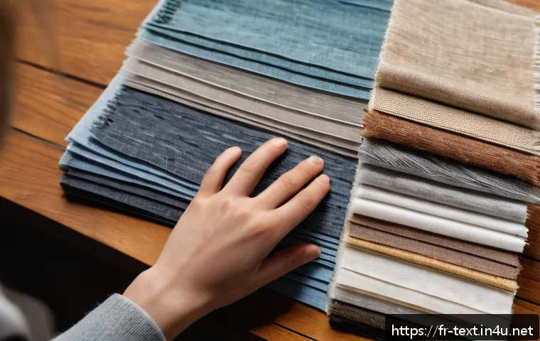 섬유기사와 필기시험 준비의 중요성 - A detailed close-up of various textile fiber samples laid out on a wooden table, including natural c...
