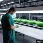 Home 22 섬유기사와 직무와 연관된 학문 - A modern textile factory interior with automated robotic arms precisely cutting eco-friendly fabrics...