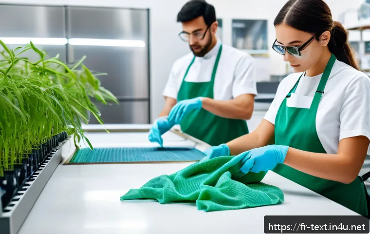 섬유기사와 섬유 소재 혁신 - A futuristic textile laboratory scene showcasing technicians working with advanced biosourced fibers...