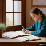 Home 19 섬유기사 필기시험 대비 성공 사례 - A cozy study scene featuring a young French student sitting at a wooden desk by a window, surrounded...