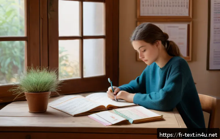 섬유기사 필기시험 대비 성공 사례 - A cozy study scene featuring a young French student sitting at a wooden desk by a window, surrounded...