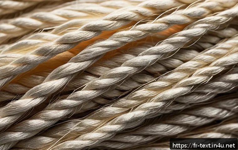 섬유기사 필기시험 빈출 개념 - A detailed close-up illustration of natural textile fibers, featuring cotton, wool, silk, and linen ...