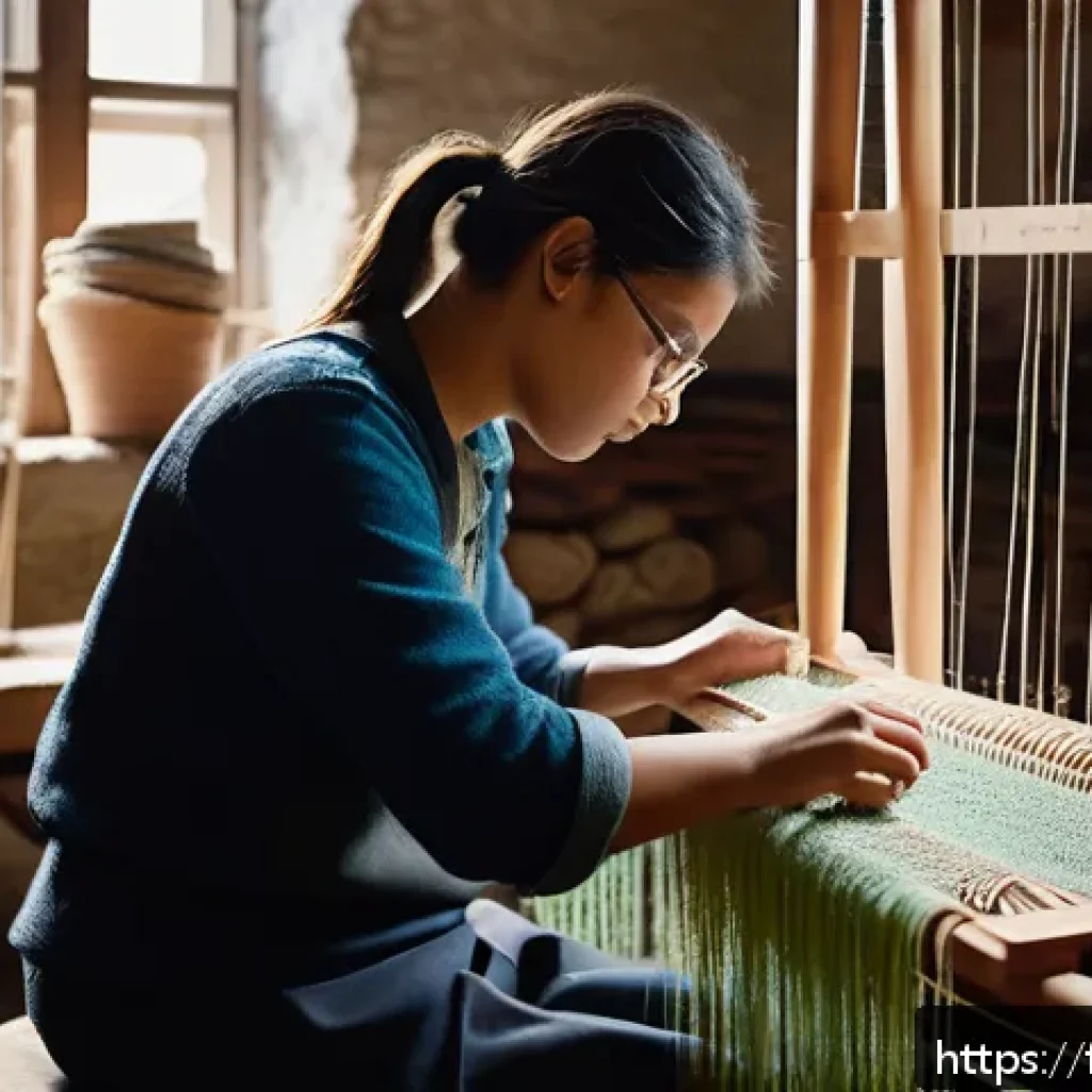 섬유기사 학습 플래너 - A detailed textile workshop scene showing a young adult learning traditional weaving techniques on a...