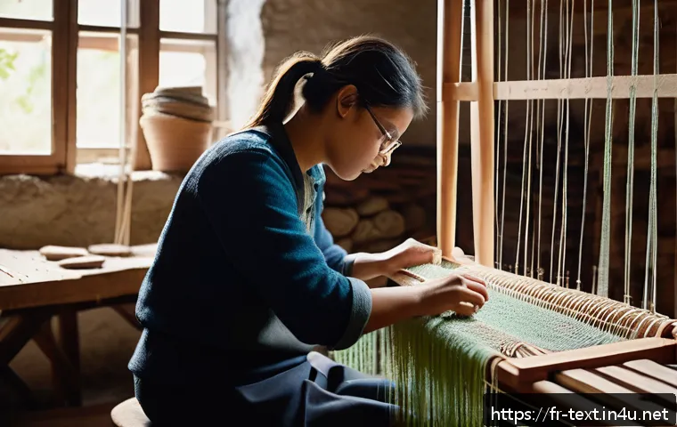 섬유기사 학습 플래너 - A detailed textile workshop scene showing a young adult learning traditional weaving techniques on a...