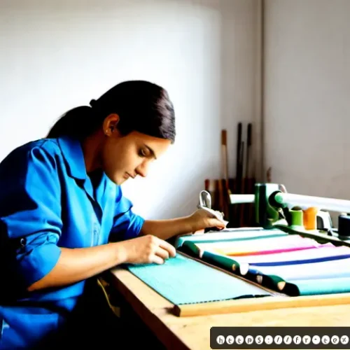 섬유기사 자격증 취득을 위한 단계 - Photorealistic vocational training scene in a modern French textile workshop, a focused adult traine...