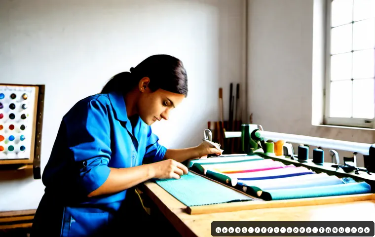 섬유기사 자격증 취득을 위한 단계 - Photorealistic vocational training scene in a modern French textile workshop, a focused adult traine...