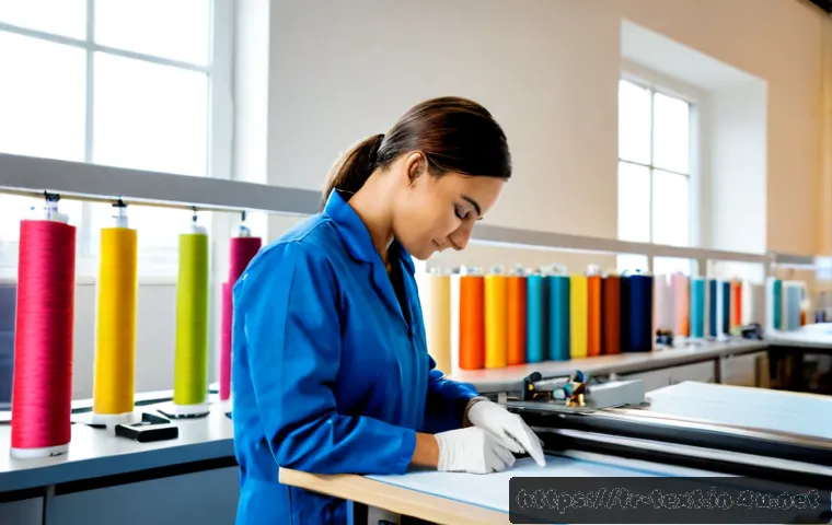 Home 17 섬유기사와 자격증 취득의 실질적 효과 - Photorealistic French textile engineer in a bright modern fabric testing laboratory, wearing clean p...