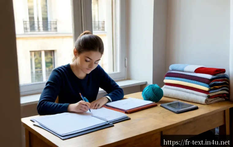 섬유기사 필기시험의 준비 방법 - Photorealistic French textile engineering student preparing for a written certification exam at a ti...