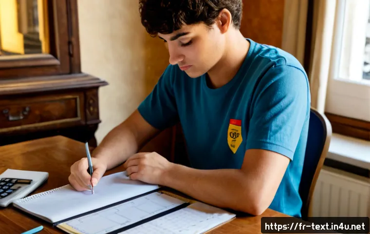 Home 17 섬유기사 필기시험 대비 방법 - Photorealistic French textile engineering student preparing for a written certification exam at a ti...