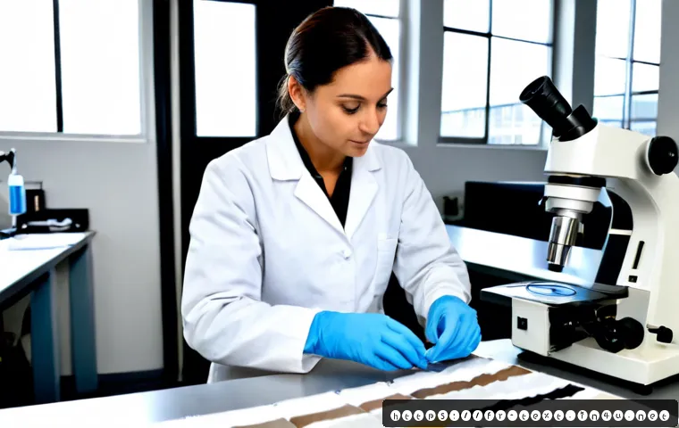 Home 17 섬유기사 자격증 취득 후 진로 - Photorealistic French textile quality-control laboratory, skilled adult technician in clean protecti...
